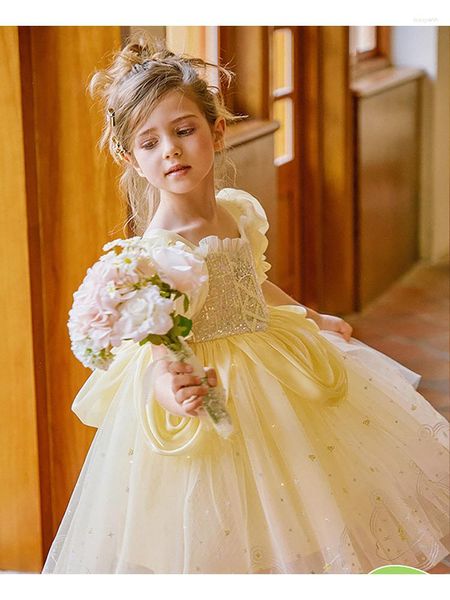 Abiti da ragazza 4-10 anni Bambini Ragazze Abito da principessa Abito estivo con paillettes Tulle giallo per la festa di compleanno Abito da ballo per bambini