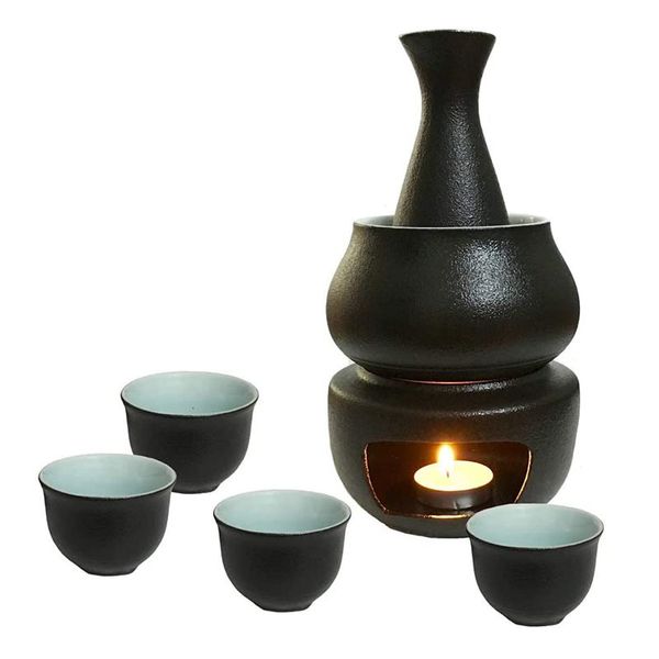 Bar Tools Keramik-Sake-Set mit Stövchen, inklusive 1 Flasche, 4 Tassen, Tasse, Kerze, Heizofen 230627