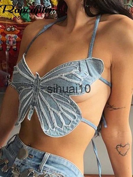 T-shirt da donna Rapcopter y2k Butterfly Jeans Crop Top Backless Strap Camis Sexy Blue Cute Party Felpe Donna Beach Holiday Mini Vest Summer Tee J230627