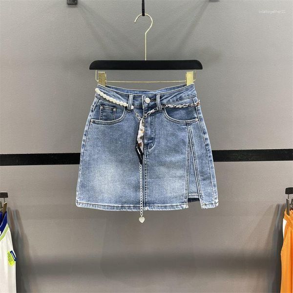 Saias 2023 Verão Sexy Spicy Girl Dividido Quadril Envolto Denim Curto Feminino Antirreflexo Cintura Alta Fino Corte A Meio Comprimento Saia Tendência