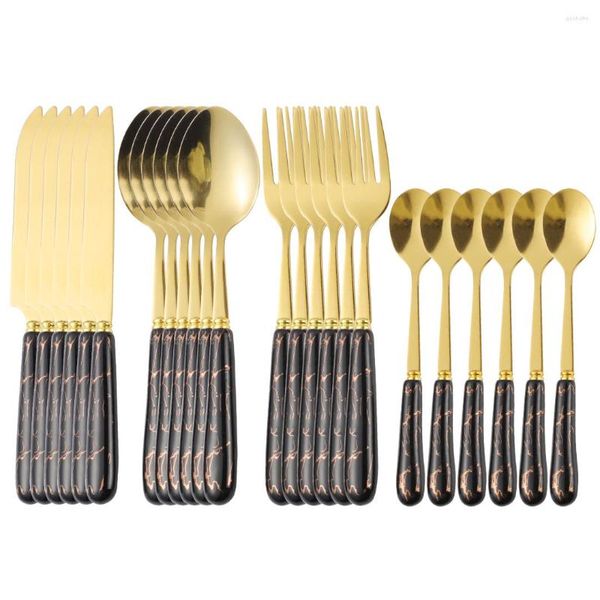 Conjunto de talheres ouro preto talheres cabo de cerâmica 24 peças facas garfos colheres de café talheres cozinha