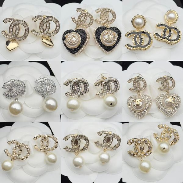 Orecchino di cristallo scintillante di lusso CC Orecchino di design classico di marca per orecchini di fascino di perle d'argento S925 di moda femminile