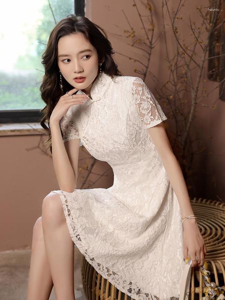 Roupa étnica Novidade Renda Branca Mini Cheongsam Chinês Tradicional Bordado Vestido de Flores Clássico Botão Feito à Mão Qipao Vestidos Tamanho