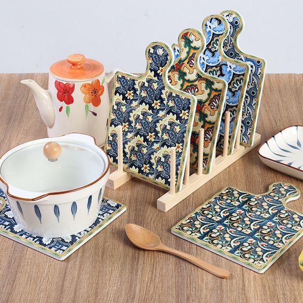 Matten Pads Marokkanischer Stil Geschirr Keramik Tischset Home Küche kreative Persönlichkeit quadratisch langer Griff Topflappen Tischset 230627