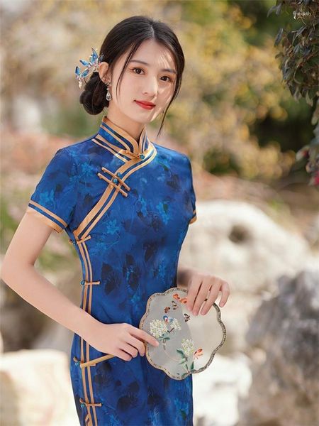 Ethnische Kleidung, chinesischer Vintage-Mandarin-Kragen, handgefertigte Knöpfe, bedruckter Satin, langer Stil, Qipao, modisches Retro-Kurzarm-Cheongsam-Kleid