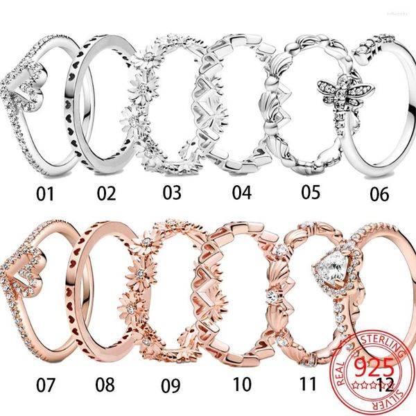 Cluster Rings Original 925 Sterling Silver Sparkling Love Wishing Bone Anel de Diamante em Forma de V Marca Casal Rosa Ouro Fit Presente