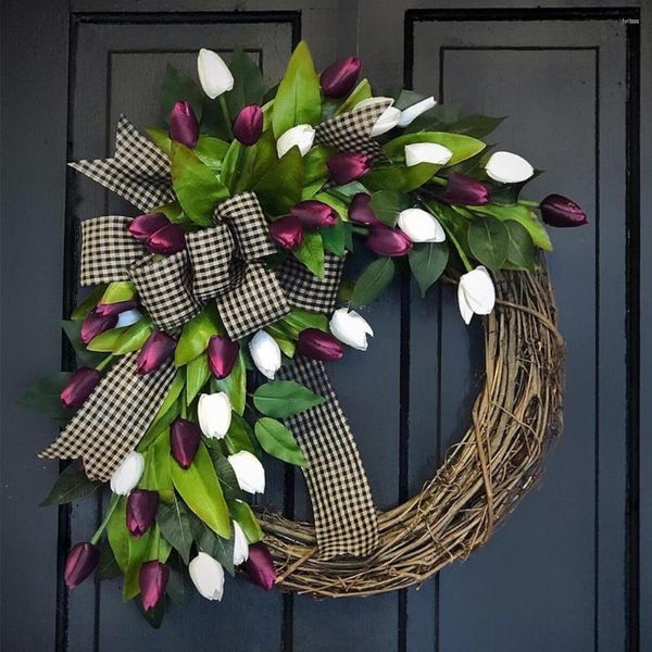 Fiori decorativi Ghirlanda artificiale Realistico Bowknot Design Foglie verdi Fiore di seta finta Porta d'ingresso Primavera Ghirlanda di tulipani Decorazioni per la casa