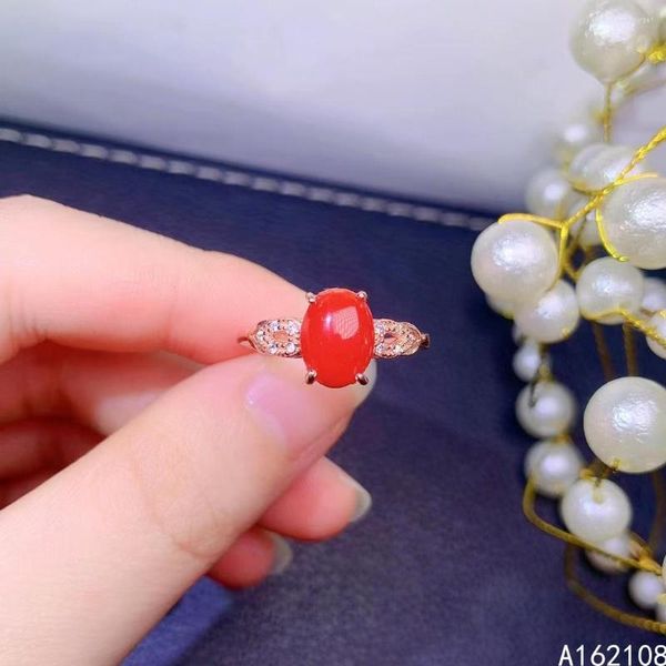 Cluster-Ringe, feiner Schmuck, 925er-Sterlingsilber mit Edelstein-Einsatz für Damen, luxuriös, exquisite ovale rote Koralle, verstellbare Ringunterstützung