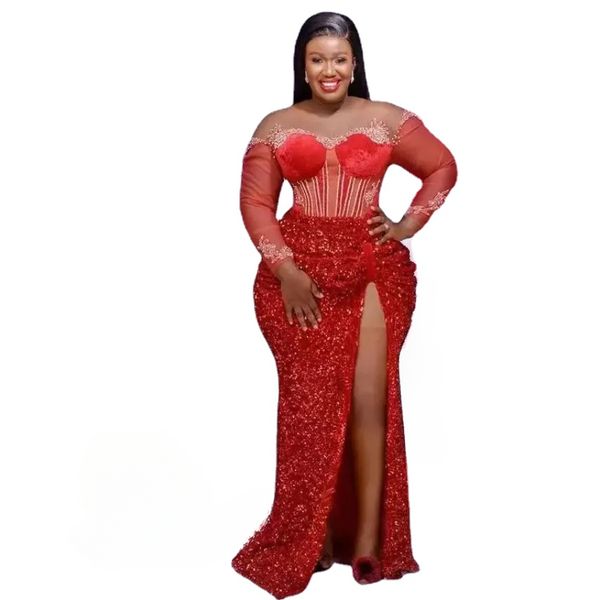 Aso Ebi Estilo Árabe Vestidos de Baile Sereia Lantejoulas Vermelhas Mangas Compridas Frente Dividida Apliques de Renda Plus Size Vestidos Formais para Ocasiões Noturnas