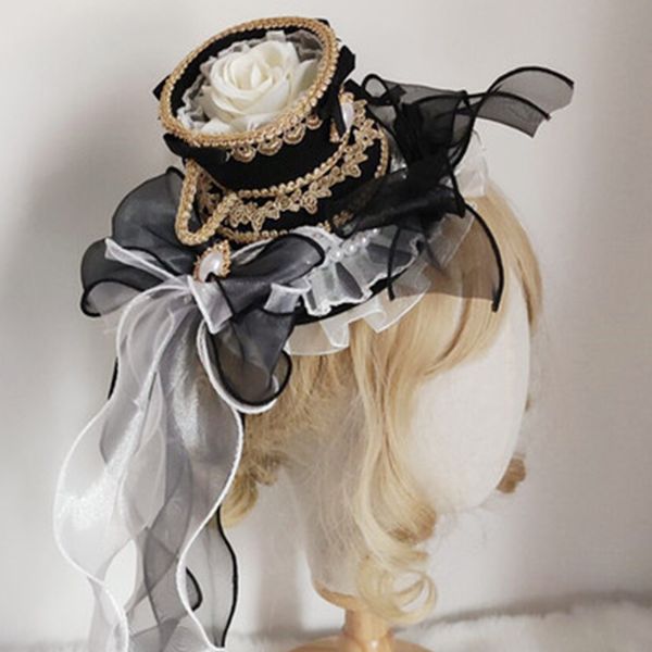 Stingy Brim Hats 4Colors Lolita Round Ruffled Lace Bow Pearl Pendant Top Hat Vintage Yarn Royal Anime Cosplay Cap Soft Tea Party Bonnet Hair Clip 230626