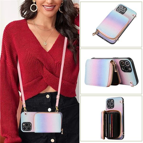 Ожерелье Sparkle Zipper Vogue Чехол для телефона для iPhone 14 13 12 11 Pro Max XR XS Samsung Galaxy S23 S22 S21 Ultra A53 A54 5G Несколько слотов для карт Кожаный кошелек Цепочка Shell