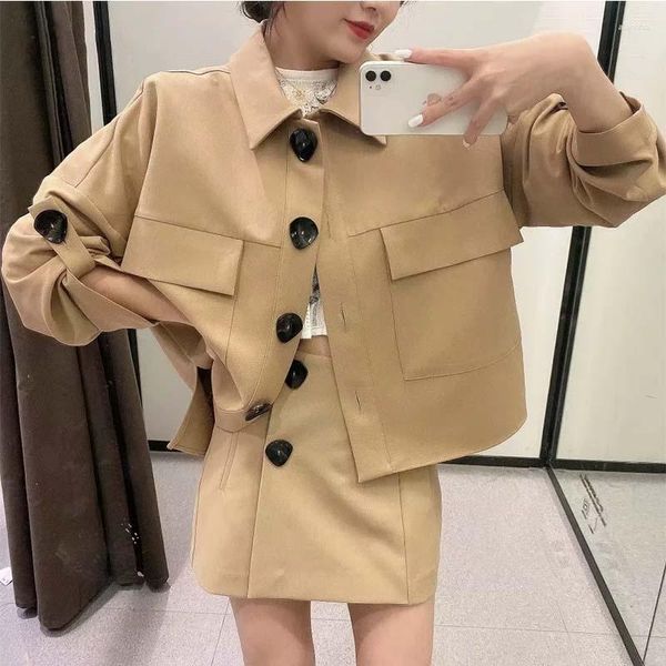 Frauen Zweiteilige Hosen HSTAR 2023 Herbst Stücke Sets Frauen Mode Tasche Shirts Taste Jacke Mantel Zweireiher Shorts 2 set