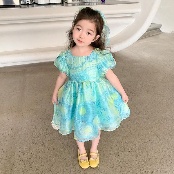 Kız Elbiseleri Kız Prenses Elbise Sevimli Puf Kollu A-Line Gevşek Papyon Saç Tokası 2023 Yaz