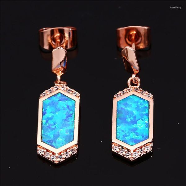 Baumelnde Ohrringe Charm Blauer Opal Stein Tropfen Geometrisches Schild Roségold Farbe Hochzeit Für Frauen Kreativer Schmuck