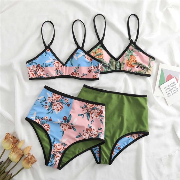 Roupa de banho feminina 2 peças Tankini Maiôs reversíveis Estampa floral decote em V sem mangas Sutiã e cintura alta Tanga Parte de baixo Banho