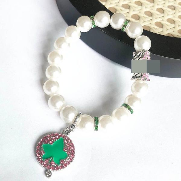Filo fatto a mano Sorority greco bianco perla linea elastica Greenk lettera strass ciondolo braccialetto gioielli da donna