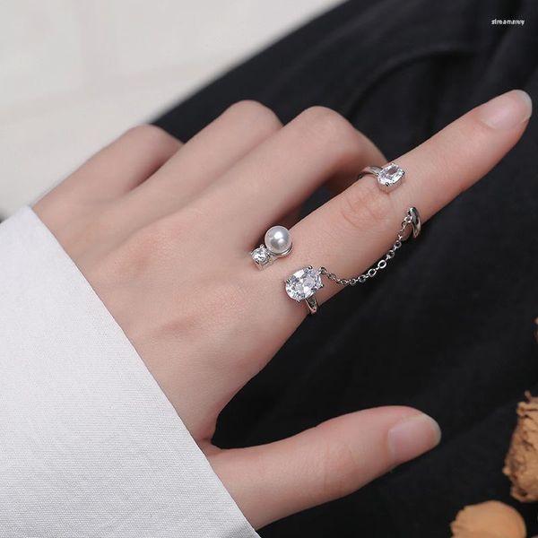 Cluster Ringe Ventfille 925 Sterling Silber Kombination Offene Perle Zirkon Lange Quaste Kette Fingerring Für Frauen Party Schmuck