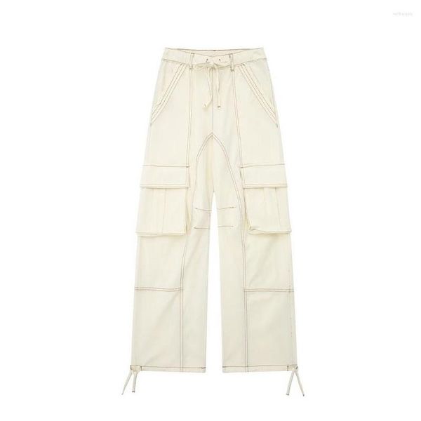 Damenhosen PBZA Frauen 2023 Sommer Mode Nähen Dekorative Overalls Retro Hohe Taille Chic Kordelzug Mujer Hosen