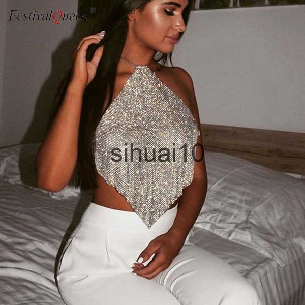 T-shirt das mulheres Festivalqueen Sexy Halter Strass Crop Tops Mulheres Low Cut Ajustável Metal Chain Backless Camisole Cropped Top J230627