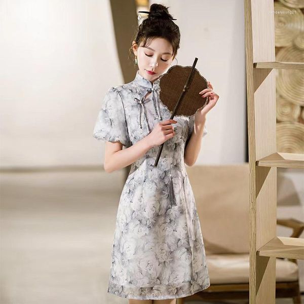 Этническая одежда в китайском стиле, молодежное улучшенное платье Cheongsam, летнее Алмазное шифоновое платье с принтом для похудения, облегающее платье для женщин, короткое платье с воротником-стойкой