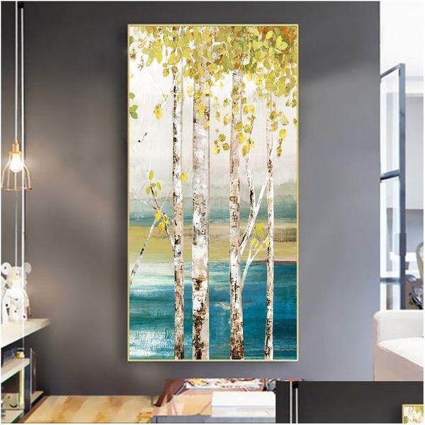 Gemälde Baum Poster Landschaft Wandkunst Bilder für Wohnzimmer Ölgemälde auf Leinwand Drucke Innendekoration Weiße Birke Home D Dh51S