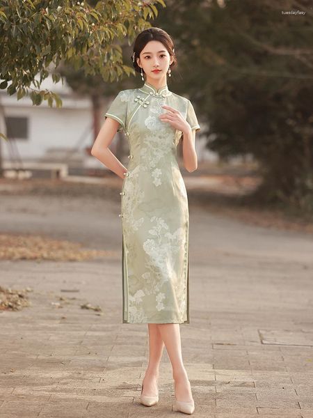 Roupas étnicas FZSLCYIYI Elegante Chinês Estampado Jacquard Cetim Qipao Gola Mandarim Botões Feitos à Mão Manga Curta Vestidos Cheongsam