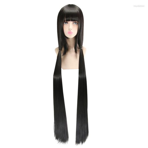 Perucas Sintéticas AILIADE Harukawa Maki Cosplay Peruca Danganronpa V3 Traje Preto Longo Reto Play Trajes de Halloween Cabelo