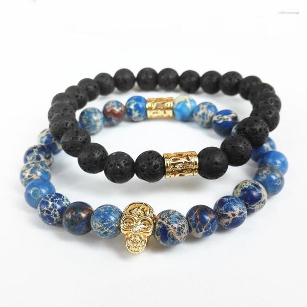 Strand 2023 Design hochwertiger Herrenschmuck 8 mm schwarze Lavastein- und blaue Meeressedimentperle mit goldfarbenem Totenkopf-Armband