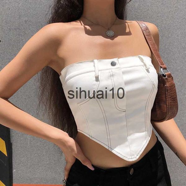 Kadın T-Shirt SEZONLAR Beyaz Straplez Kırpılmış Tüp Üst Kadınlar Seksi Backless Boob Tüp Kırpma Üstleri Fermuar Siyah İplik Kaşkorse Yaz ASVE83294 J230627