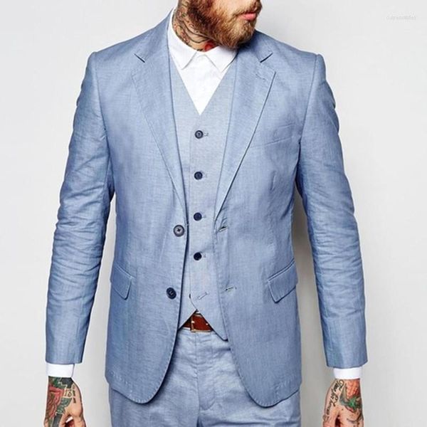 Herrenanzüge, Hellblau, Leinen, lässig, maßgeschneidert, Smoking, Herren, Slim-Fit, Blazer, neueste Mantel-Hose-Designs, 3-teilig, Terno-Anzug, Jacke, Weste