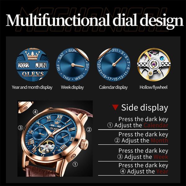 Relógios Olevs Top Marca Relógios Masculinos Relógio Mecânico Automático para Homem Tourbillon Wristwath com Calendário Semana Mãos Luminosas