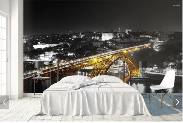 Обои 3D Город Ночной Мост Обои Холст Фрески Для Гостиной Спальни Пейзаж Papel Mural Infantil Украшения Нестандартный Размер