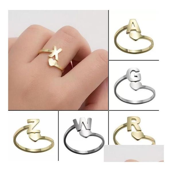 Anéis de banda A-Z 26 letras de aço inoxidável aberto amor em forma de coração ouro jóias de noivado para homens mulheres drop delivery anel Dhnir