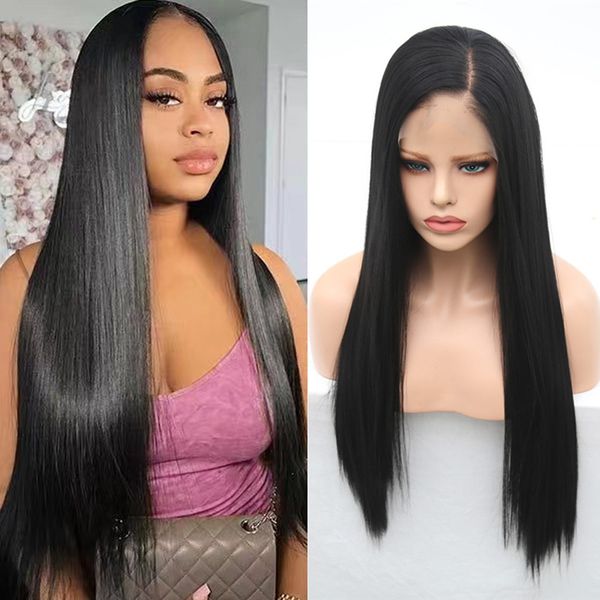 Kadınlar Kızlar için 13X6 Dantel Ön Peruk Doğal Siyah Uzun Düz Peruk Isı Saç Peruk