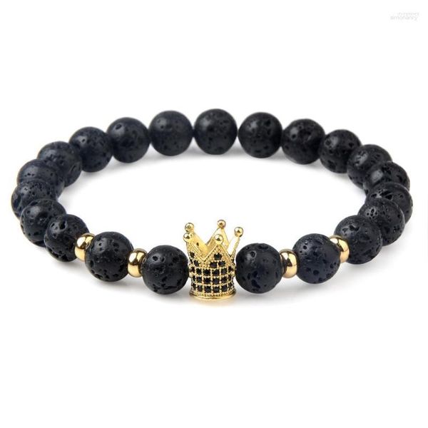 Strand Gold Color Crown Black Lava Bracciali 8MM Natural Stone Fashion Simple Classic Corda elastica per donna Uomo