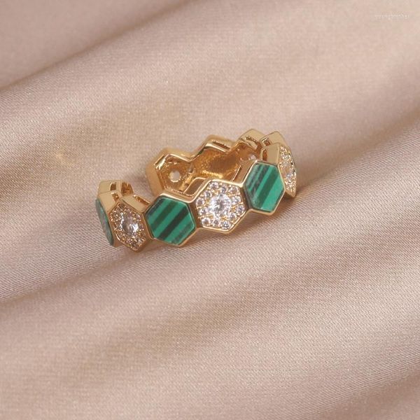 Cluster-Ringe, 14 Karat echt vergoldet, geometrischer grüner Stein, CZ-Zirkon-Ring, gilt für Frauen, täglich verstellbar, offenes Design, Pflaster-Schmuck, Geschenk