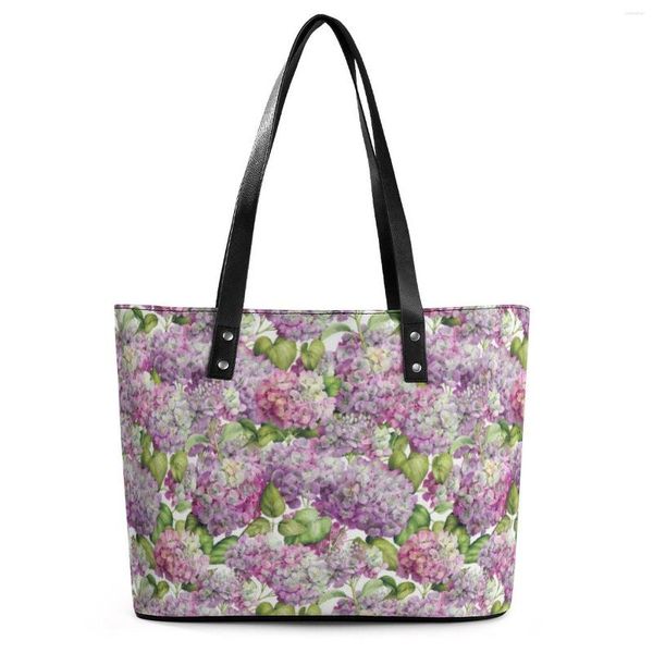 Abendtaschen Hortensien-Blumen-Handtaschen, rosa Lavendel-Druck, PU-Leder, Umhängetasche, Damen, Strand-Tragegriff, Freizeithand