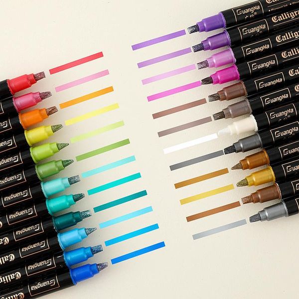 Marcadores 12/24 cores conjunto de canetas marcadoras metálicas de ponta dupla, marcadores de pintura artística para grafite, papelão preto, faça você mesmo, álbum de fotos, fabricação de cartões de vidro