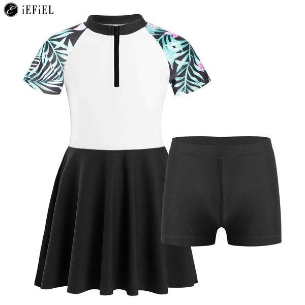 Roupa de banho para crianças meninas maiô de 2 peças gola alta mangas curtas frontal com zíper vestido de banho com parte de baixo roupa de banho de verão maiô HKD230628