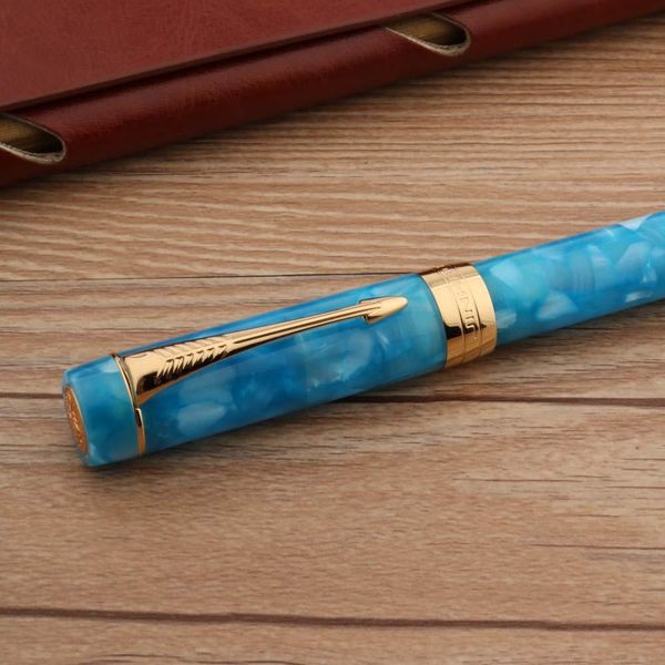 Ручки роскошь Jinhao 100 акриловый фонтан Pen Sky Blue Golden Arrow #6 Nib Spin Business Staintery Office поставляется в чернилах новые