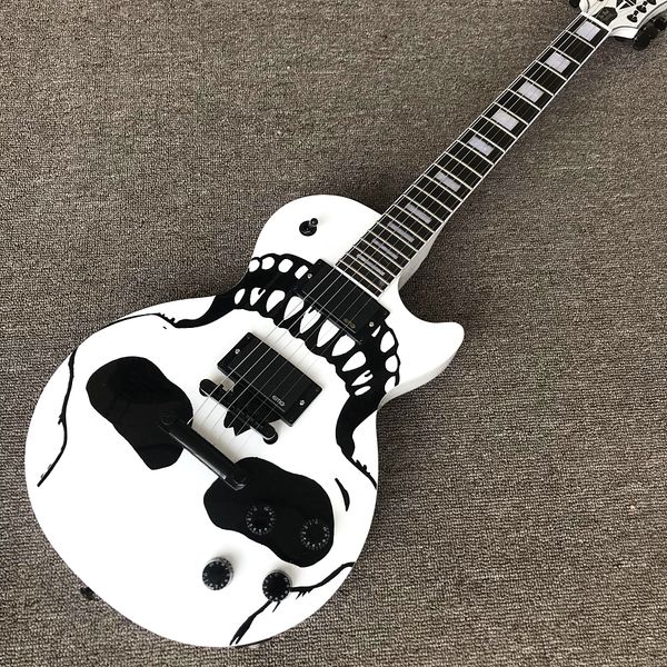 Negozio personalizzato, chitarra elettrica Caston White Skull, tastiera in palissandro, accessori neri, spedizione gratuita