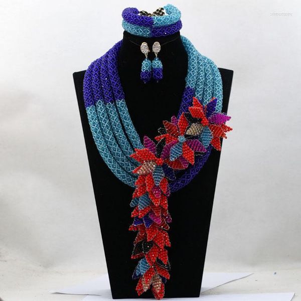Conjunto de brincos de colar grosso fantasia grande africano cristal feito à mão miçangas de casamento nigerianas joias flor colorida ALJ612