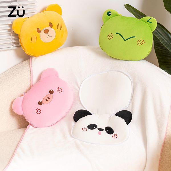 Peluş Yastıklar Yastıklar ZU Sevimli Hayvan 2in1 Katlanmış Seyahat Yastık Battaniye Kawaii Kurbağa Panda Domuz Ayı Yumuşak Oyuncaklar Fanila Mercan Polar Şekerleme 230628