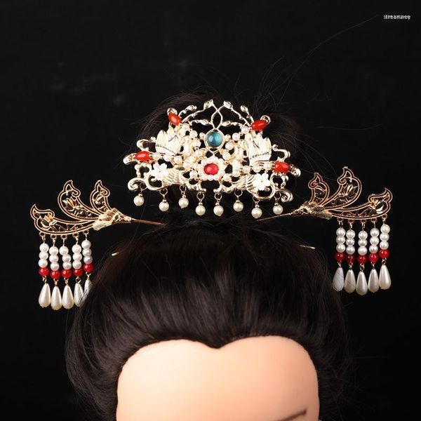 Haarspangen für Damen, vergoldet, Blume, lange Perlen, Quaste, Krone, 3 Stück, alter Stil, Hanfu-Kopfschmuck