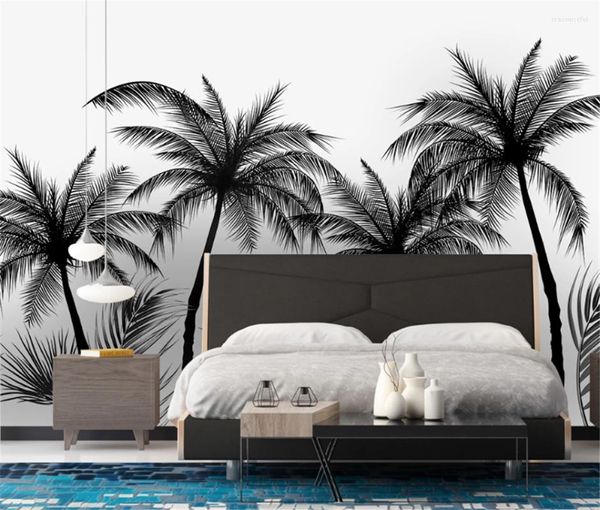 Papéis de parede Bacal Custom 3D Po Wallpaper Mural Preto e Branco Esboço Estilo Floresta Tropical Coqueiro Nórdico TV Fundo Parede