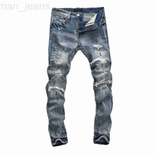 Мужские джинсы дизайнерские европейские джинсы AM Letter Embroidery Men Patchwork Ripped For Trend Brand Motorcycle Pant Mens Skinny H71M