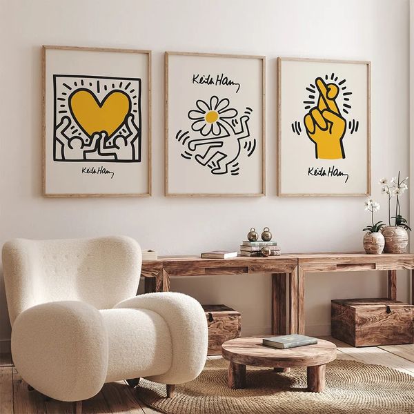 Leinwandgemälde Keith, gelbe Farbe, Pop-Art-Druck, Poster und Finger tanzende Blumen, abstrakte Wandkunst, Wohnzimmer-Dekoration, Heimdekoration, rahmenlos w06