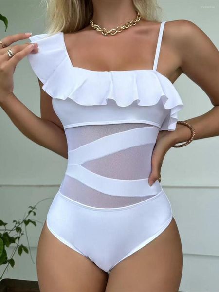 Damenbadebekleidung Sexy Mesh Patchwork Rüschen Frauen Einteiliger Badeanzug Tiefer V-Ausschnitt High Cut Lady Schwimmen Badeanzug Monokini Strandkleidung