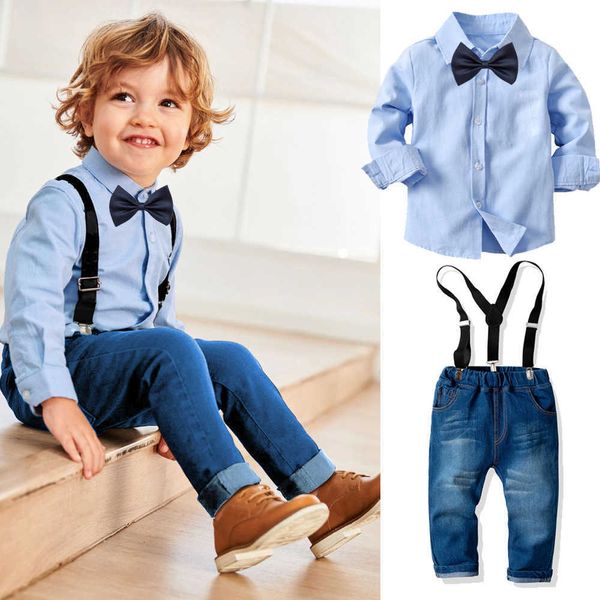 Camicia con colletto a maniche per ragazzi e bambini, cinturini in denim, set di pantaloni lunghi, abito da banchetto per bambini, abbigliamento formale per abbigliamento per bambini