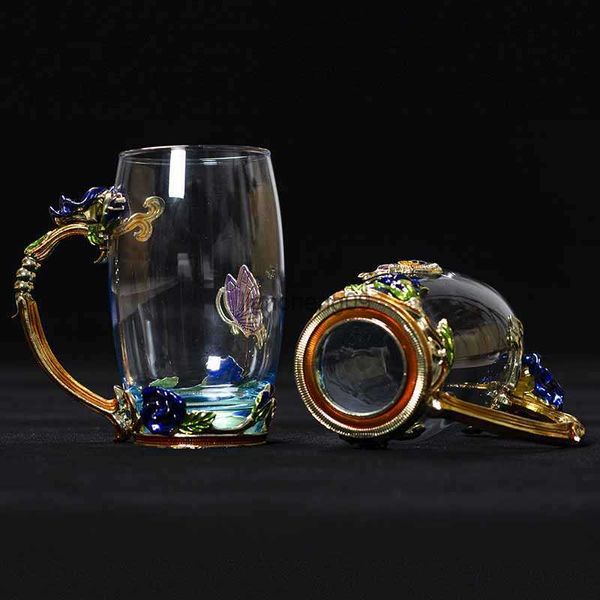 Tazza di cristallo smaltata rosa blu Fiore di tè Bicchiere di vetro di alta qualità Tazza di acqua di vetro Tazza di fiori con impugnatura Regalo perfetto per il matrimonio amante L230620